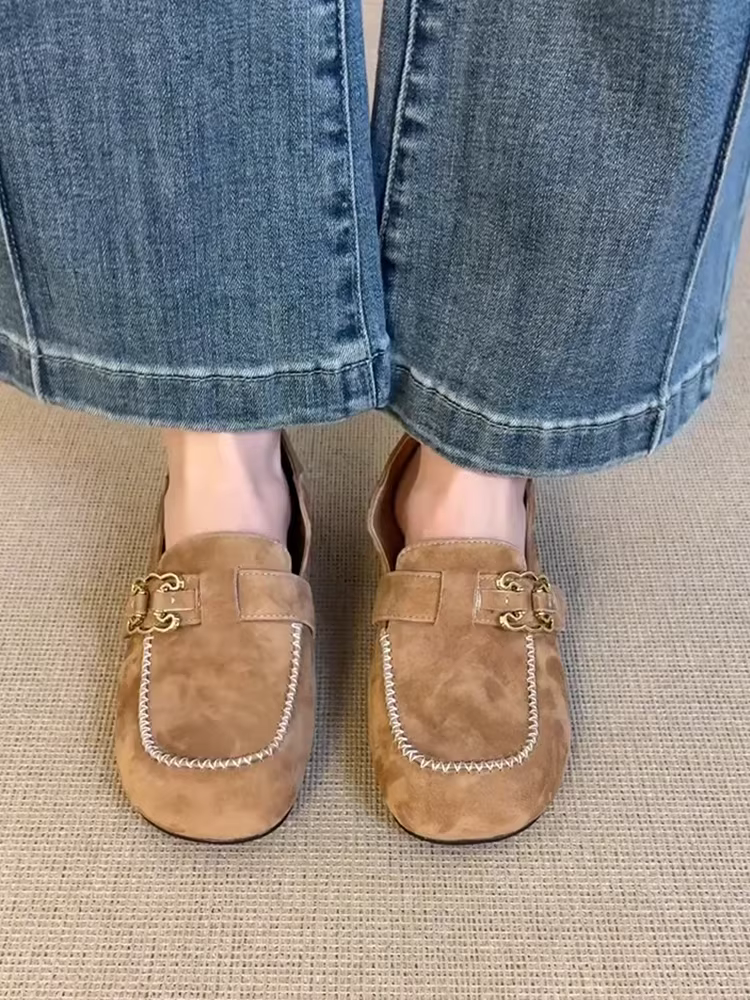 Phiên bản da cừu ~ Giày lười da lộn cao cấp dành cho nữ có khóa kim loại, giày lười dễ mang, giày đế bằng kiểu Birkenstock