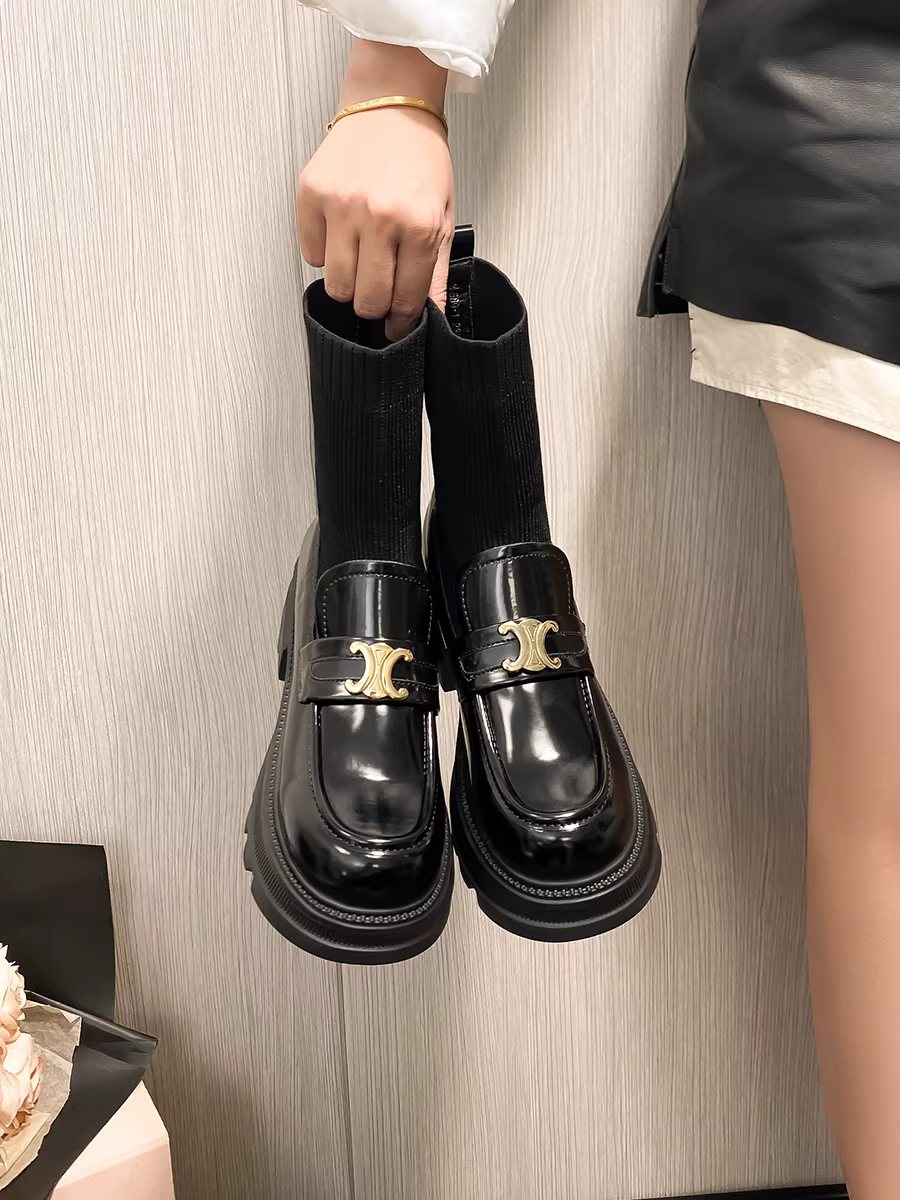 Giày bốt cổ ngắn cho nữ, bốt dệt kim co giãn, gót dày, bốt cổ ngắn đế dày, bốt kiểu Anh dáng thon gọn, bốt Martin tăng chiều cao và thon gọn dành cho người nhỏ nhắn.