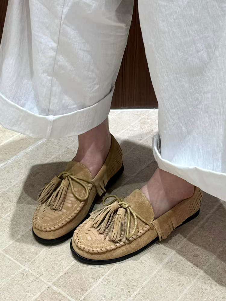 Phiên bản da cừu ~ giày lười có dây buộc nơ tua rua dành cho nữ, giày da lộn kiểu cổ điển, giày da thường ngày