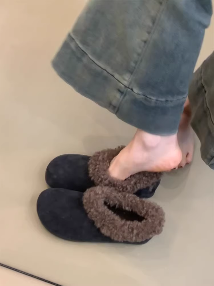 Phiên bản da cừu ~ Giày Birkenstock da lộn kiểu lười, đơn giản và đa năng dành cho nữ, giày cotton lót lông mềm kiểu retro, dễ mang