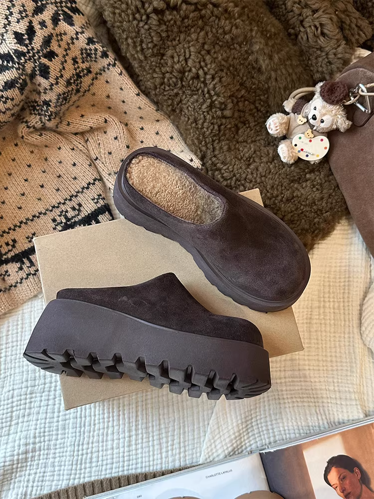 Phiên bản da bò ~ Giày Birkenstock da thật đế dày kiểu cổ điển dành cho nữ, giày nửa dép lông cừu lót lông tăng chiều cao đa năng bằng da lộn