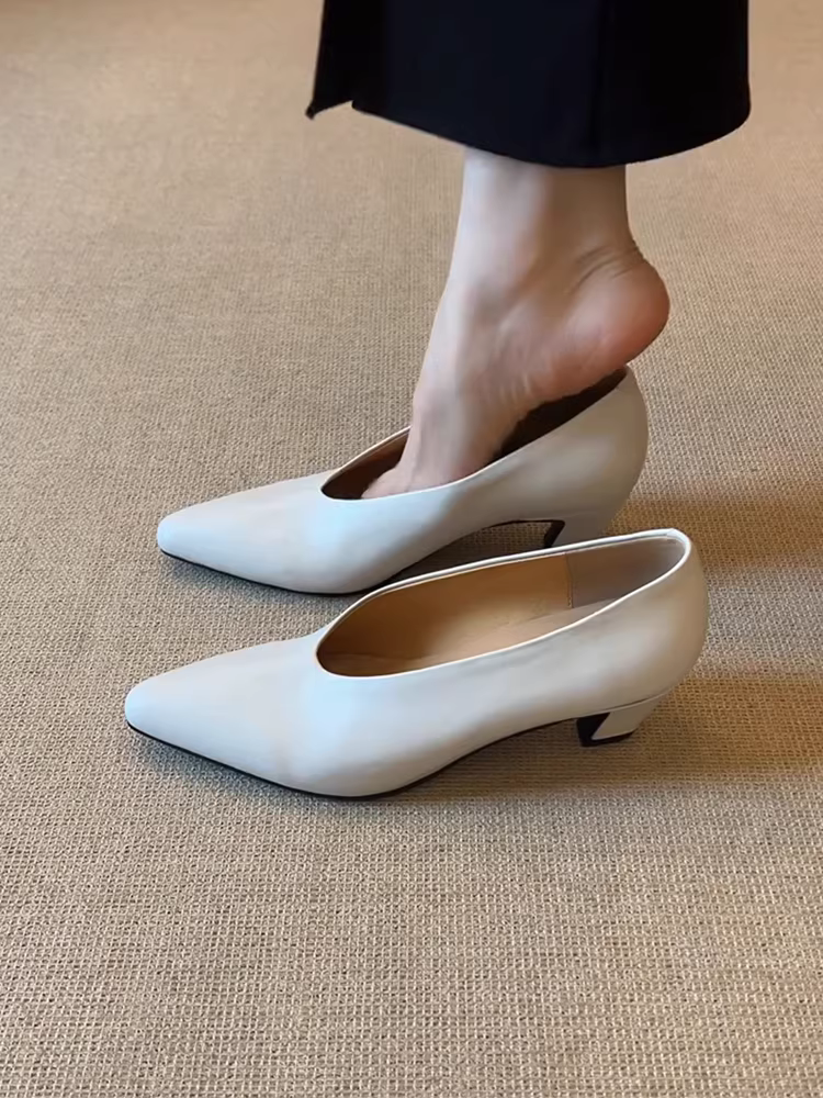 Phiên bản da cừu ~ Giày cao gót mũi nhọn kiểu lười dành cho nữ, giày đơn da thật đa năng, miệng nông, kiểu cổ điển tối giản, giày gót thô kiểu phù thủy.