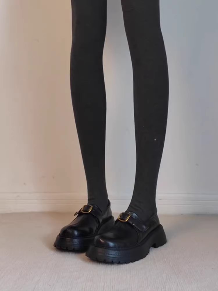 Phiên bản da cừu ~ Giày da đế dày thời trang phong cách cổ điển dành cho nữ có khóa thắt lưng, giày lười đi làm bằng da thật kiểu dáng độc đáo