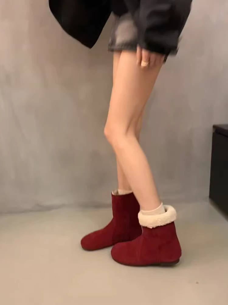 Phiên bản da bò ~ Giày bốt da lộn màu đỏ cổ điển đa năng, thanh lịch dành cho nữ, giày bốt ngắn kiểu Birkenstock đế bằng, lót lông cừu giữ ấm mùa đông