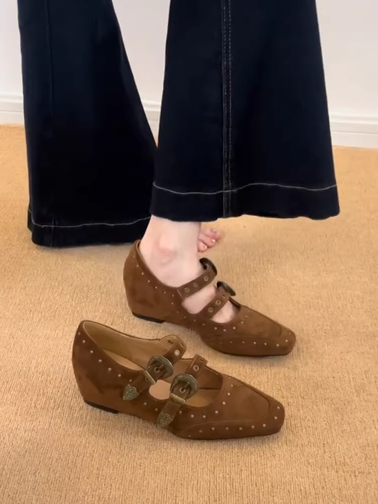Phiên bản da cừu ~ Giày Mary Jane da lộn có khóa đôi tăng chiều cao theo phong cách retro punk, giày đơn miệng nông thời trang