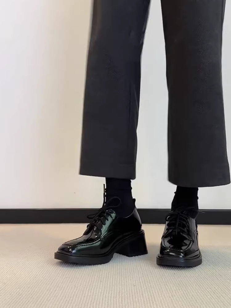 Phiên bản da cừu ~ Giày lười đế dày mũi tròn kiểu Anh bằng da sáng chế dành cho nữ, giày da đế dày buộc dây đơn giản, kiểu dáng sâu, thích hợp đi làm