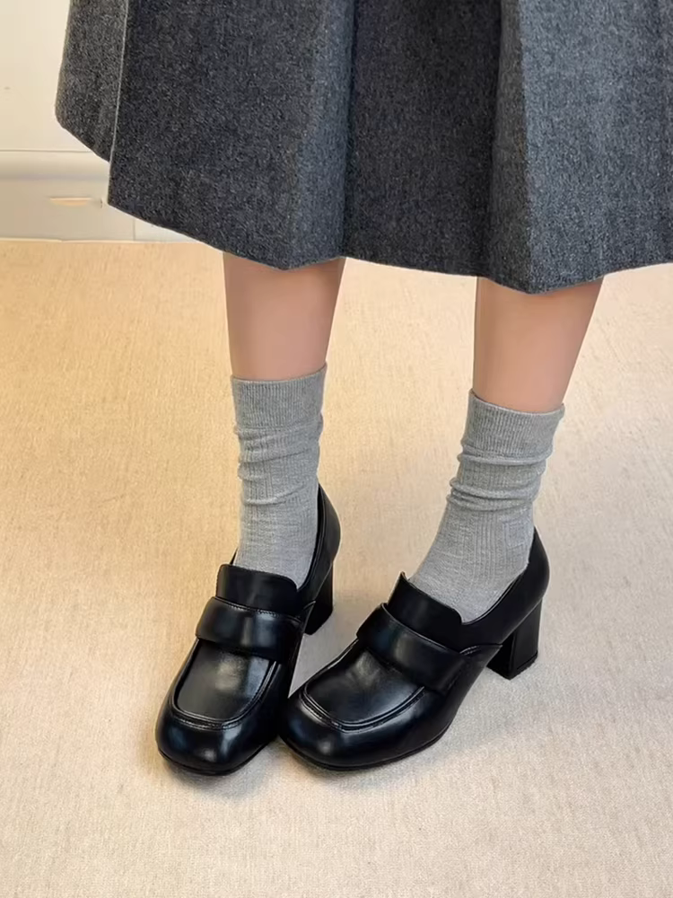 Phiên bản da cừu ~ Giày lười da thật màu đen đa năng kiểu cổ điển dành cho nữ, giày da đế vuông mũi vuông, giày da đế dày, giày đơn giản