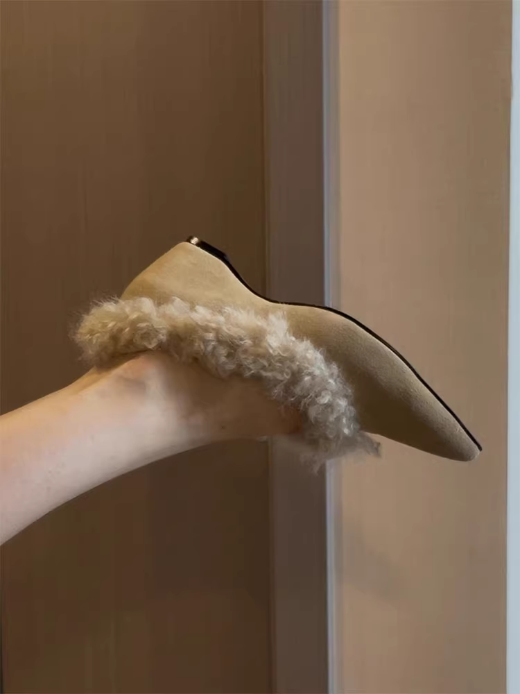 Phiên bản da cừu ~ Giày lười da lộn màu mơ dịu phong cách Pháp dành cho nữ, có tăng chiều cao ẩn, mũi nhọn, đế bằng ấm áp.
