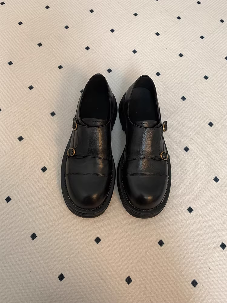 Phiên bản da cừu~ Giày lười da thật kiểu Anh dành cho nữ, giày da nhỏ đế dày mũi tròn màu đen đa năng, thời trang có quai đôi