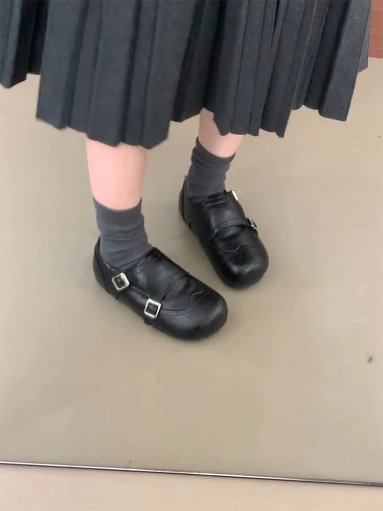 Phiên bản da cừu ~ Giày lười da thật phong cách cổ điển dành cho nữ với quai khóa đôi, kiểu dáng khoét sâu, lót lông cừu, giày da đế bằng kiểu lười