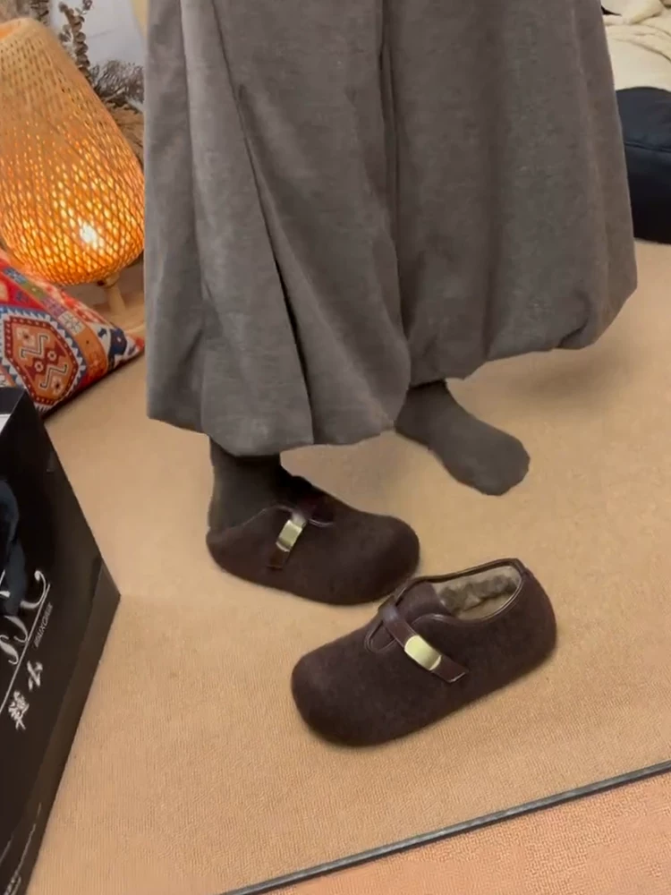 Phiên bản da cừu ~ Giày Birkenstock miệng sâu có khóa dán mới dành cho nữ, giày lười đế dày đơn giản, đa năng, lót lông cừu ấm áp mùa thu đông