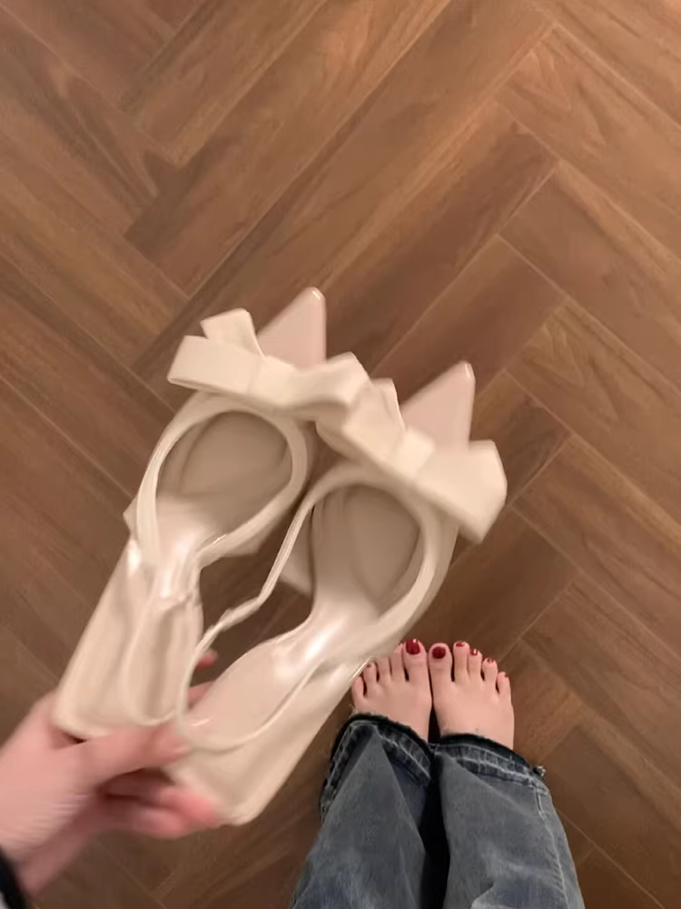 Phiên bản da cừu ~ Dép nông kiểu Pháp nhẹ nhàng dành cho nữ, giày đơn mũi nhọn kiểu nơ mới thanh lịch, giày cao gót kiểu quý tộc