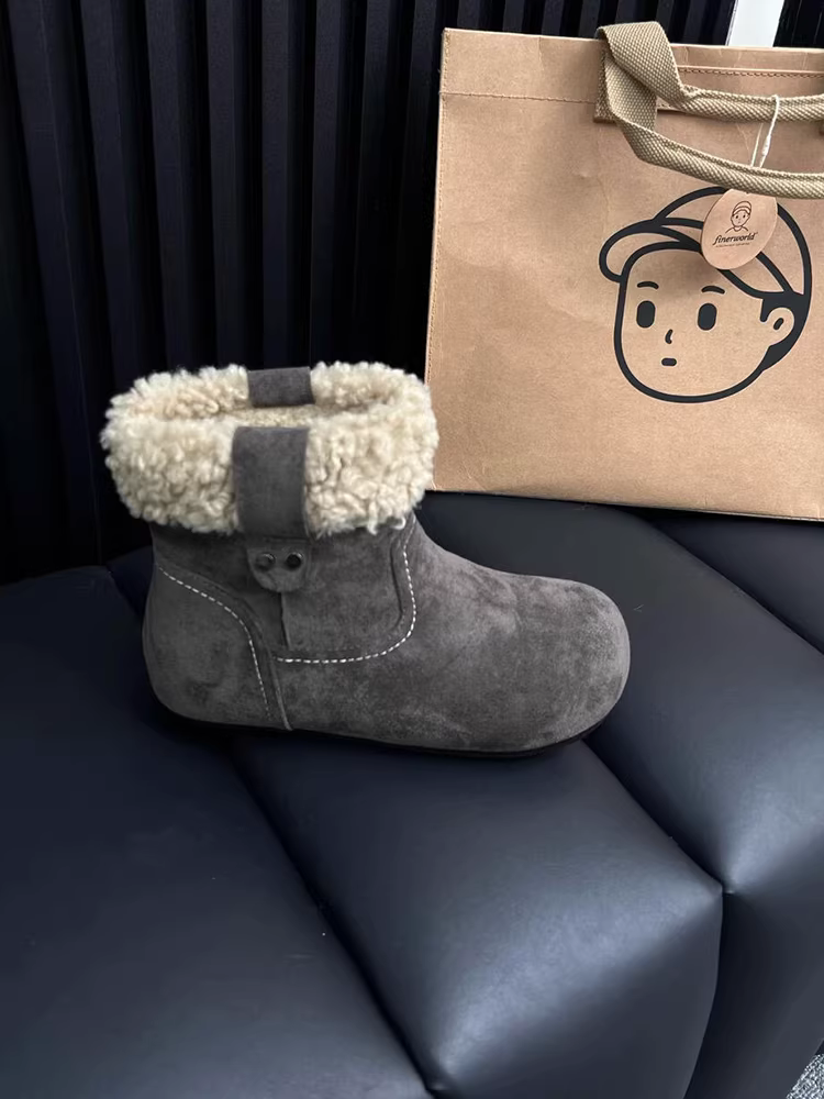 Phiên bản da bò ~ Giày bốt đi tuyết tăng chiều cao bên trong bằng len cừu mùa đông dành cho nữ, mũi tròn cổ điển, lót lông cừu, ấm áp, chống trượt Giày bốt Birkenstock