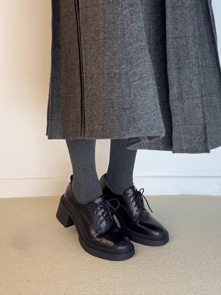 Phiên bản da cừu ~ Giày lười da thật kiểu Anh cổ điển dành cho nữ, đế dày, đa năng, buộc dây, giày da nhỏ gọn