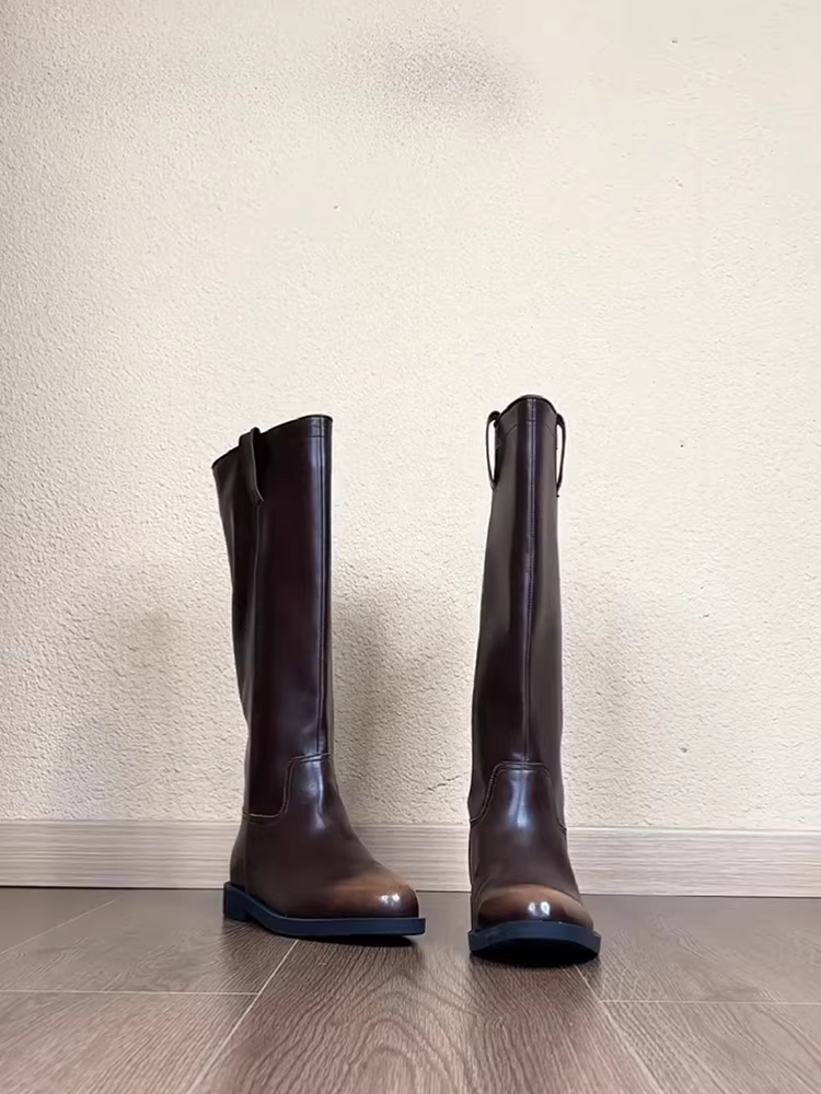Phiên bản da bò~ Giày bốt cưỡi ngựa cao quá đầu gối kiểu Anh, da thật, kiểu dáng đơn giản dành cho nữ, đế dày cổ điển, che phủ toàn bộ chân, màu phai, kiểu dáng độc đáo, bốt dài