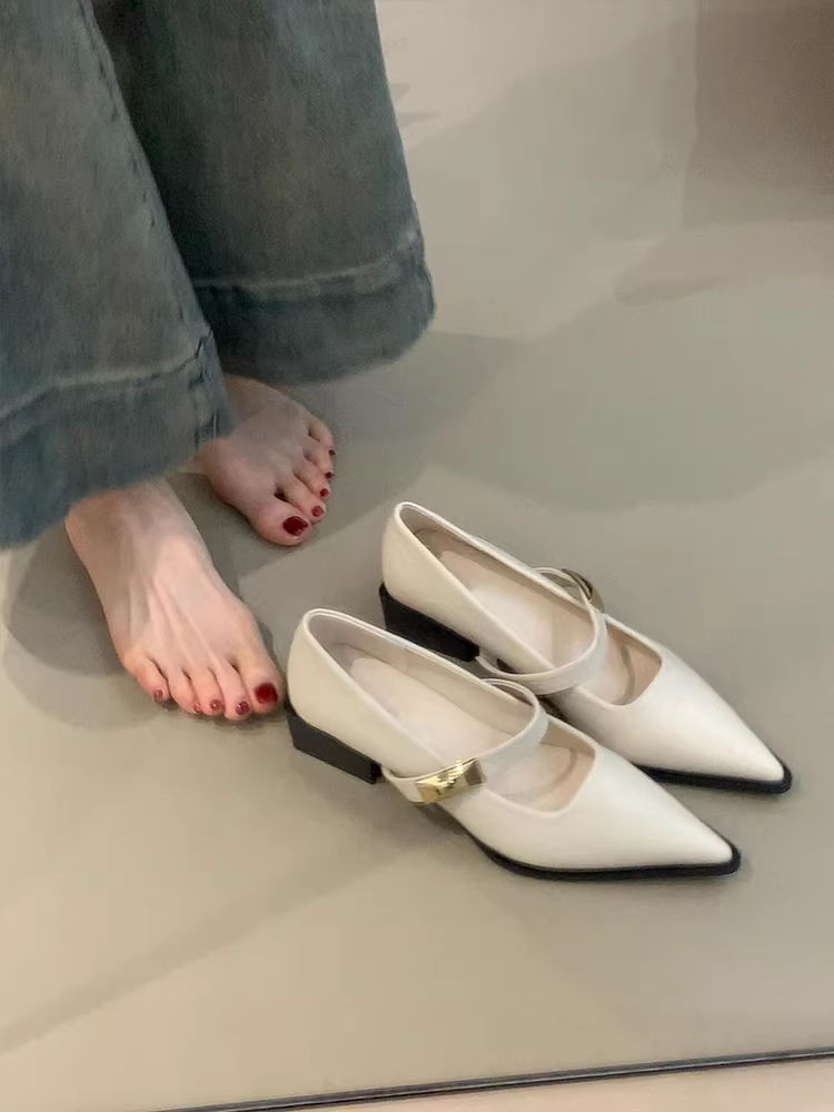 Phiên bản da cừu ~ Giày da đơn giản và đa năng dành cho nữ đi làm, giày đơn giản dị, thanh lịch với mũi nhọn và miệng giày nông, giày Mary Jane.