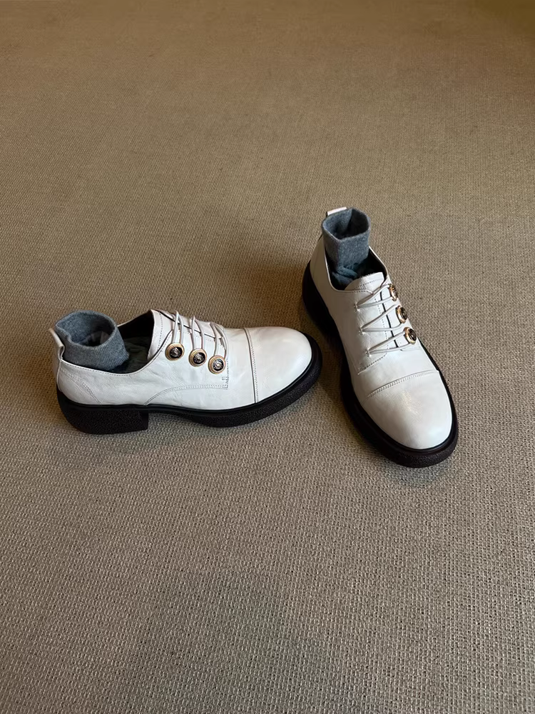 Phiên bản da cừu ~ Giày da đế dày đa năng phong cách Hepburn của Pháp dành cho nữ, giày lười da thật có gót tròn kiểu cổ điển có nút gót dày