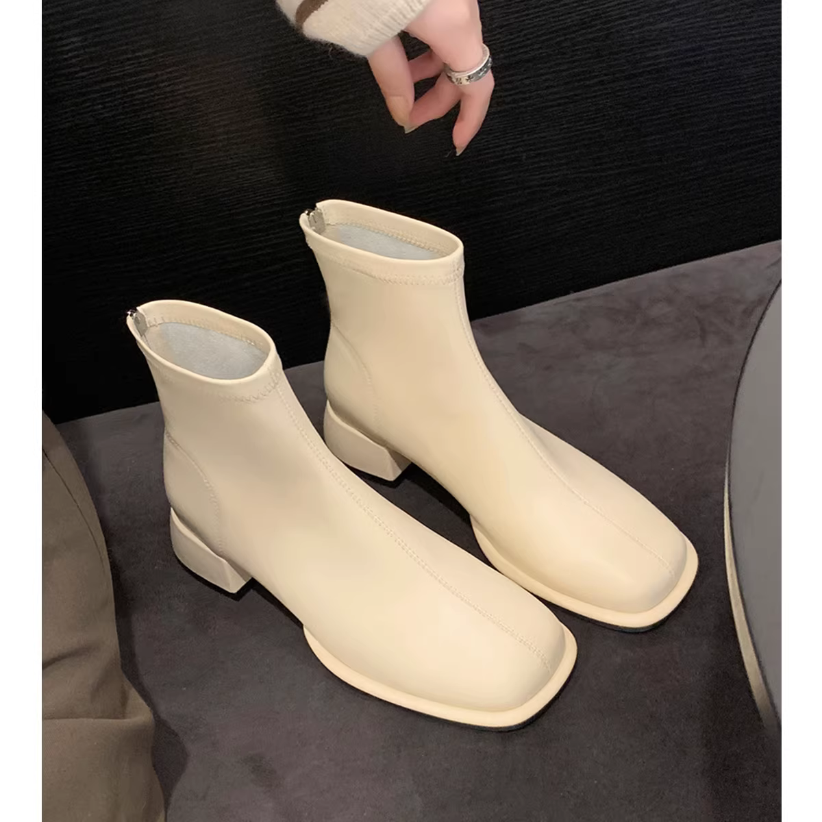 Phiên bản da bò~ Giày bốt mỏng mũi vuông kiểu Pháp có khóa kéo phía sau dành cho nữ, bốt ngắn mùa xuân và mùa thu, bốt Martin da thật phong cách Anh quốc