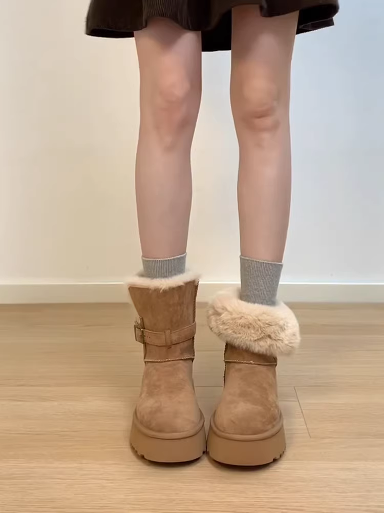 Phiên bản da bò ~ Giày bốt đi tuyết đế dày chống trượt cỡ nhỏ kiểu cổ điển dành cho nữ, Giày bốt cotton dày có khóa thắt lưng bằng da lộn phía Đông Bắc