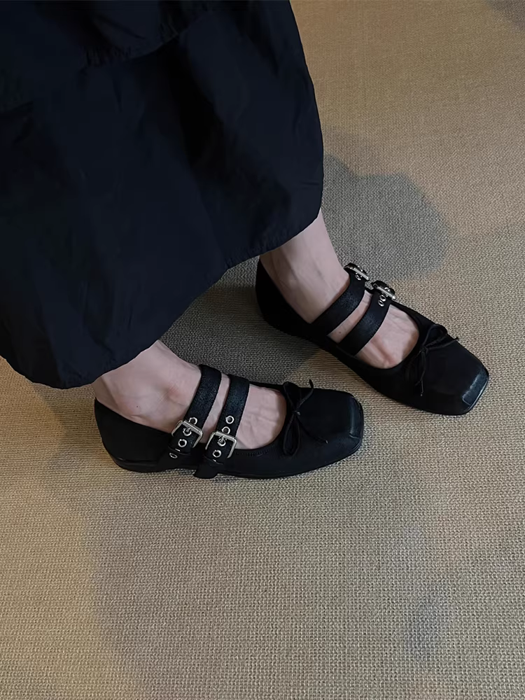 Giày Mary Jane mũi nhọn kiểu Anh, chất liệu da cừu, kiểu dáng cổ điển, quai ngang, gót thấp, khóa đôi, dành cho nữ