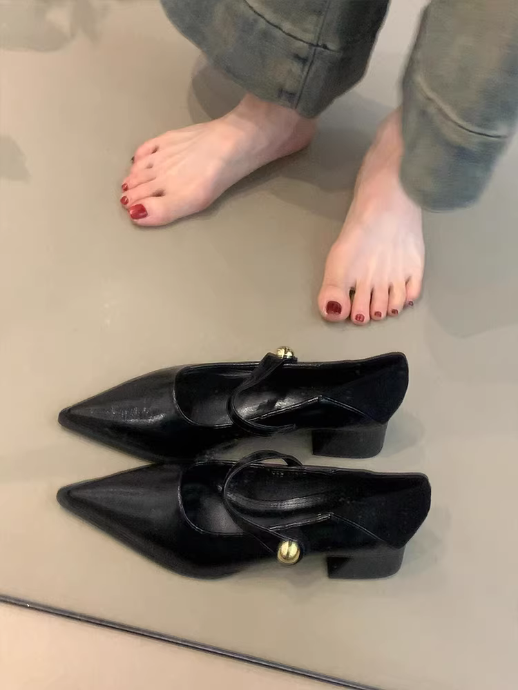 Phiên bản da cừu ~ Giày Mary Jane mũi nhọn kiểu cổ điển có khóa dán, giày đế dày, giày đi làm đa năng bằng da thật có miệng nông dành cho nữ