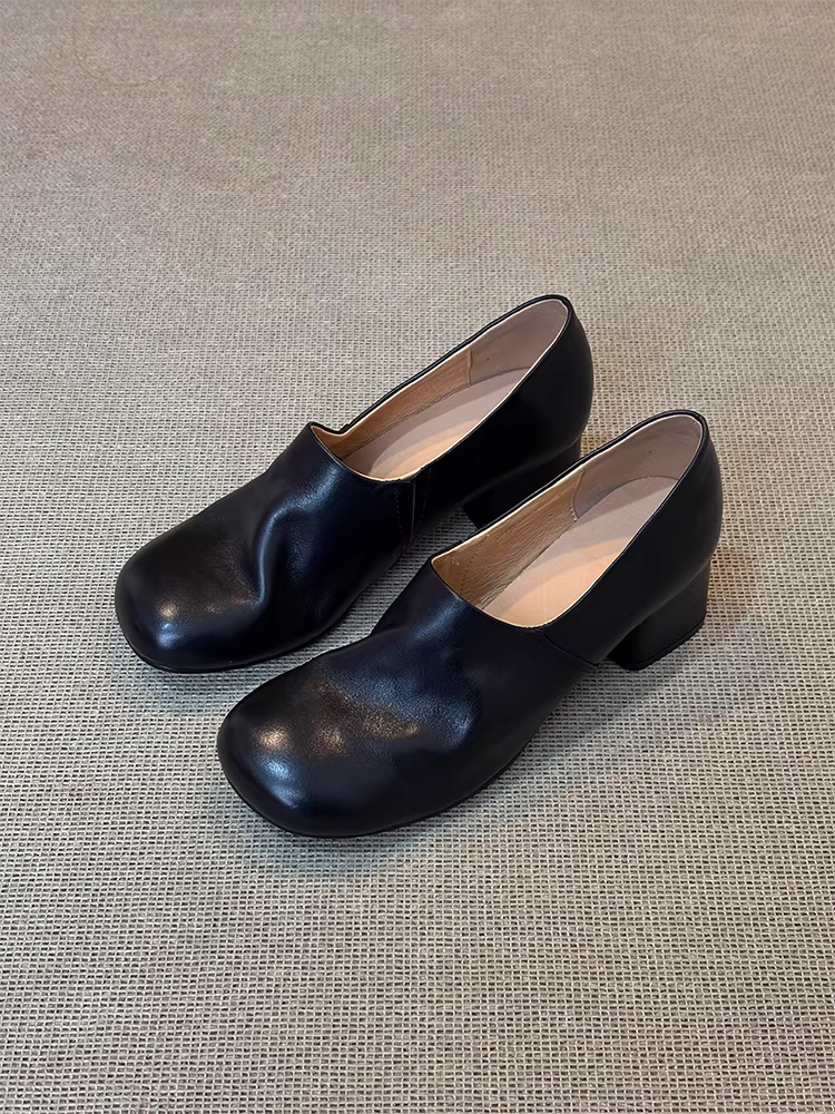 Phiên bản da cừu ~ Giày lười mũi tròn kiểu dáng cổ điển tối giản, kiểu dáng cổ điển, mũi tròn, gót dày, dành cho nữ, giày da thật, kiểu lười, thoải mái khi đi làm
