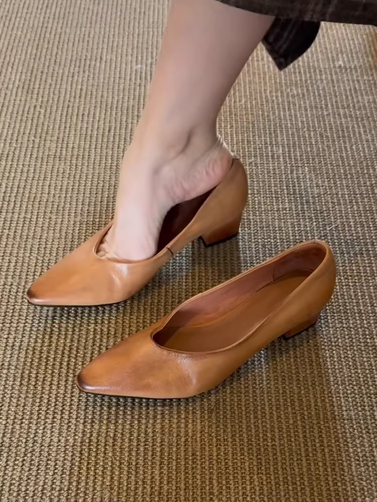Phiên bản da cừu ~ Giày đơn đế dày bằng da thật tối giản mang tính nghệ thuật dành cho nữ, mũi nhọn, kiểu dáng cổ điển, giày công sở đa năng.