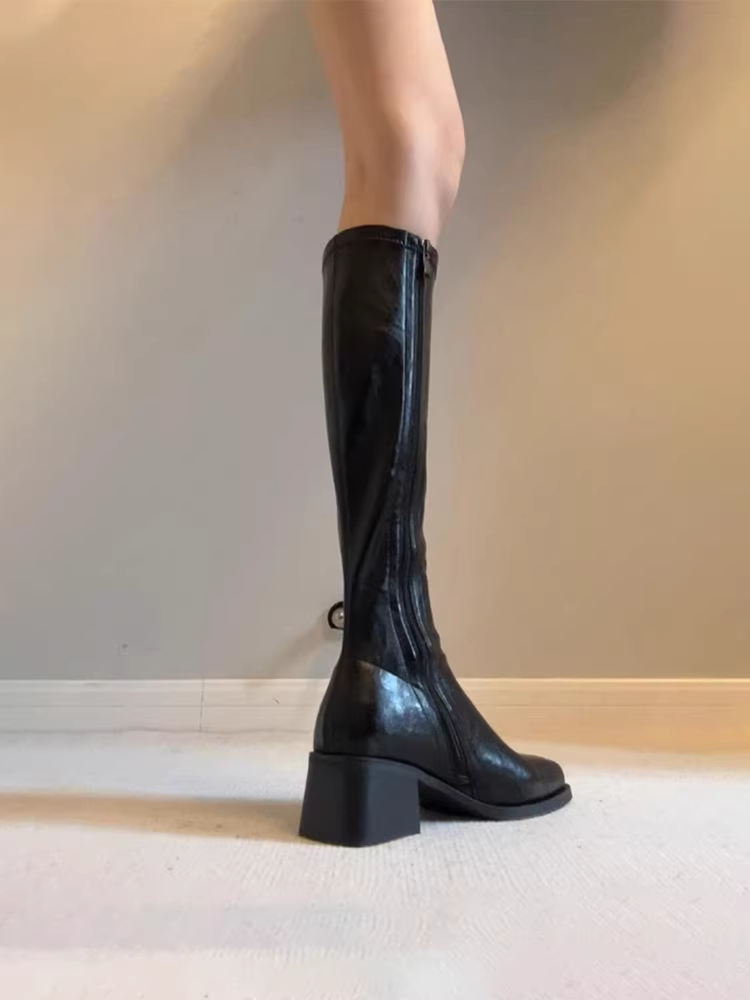 Phiên bản da bò ~ Giày bốt cưỡi ngựa có gót dày đàn hồi giúp thon gọn dáng người dành cho nữ, giày bốt cao quá đầu gối mũi vuông cổ điển bằng da thật có khóa kéo bên hông đa năng
