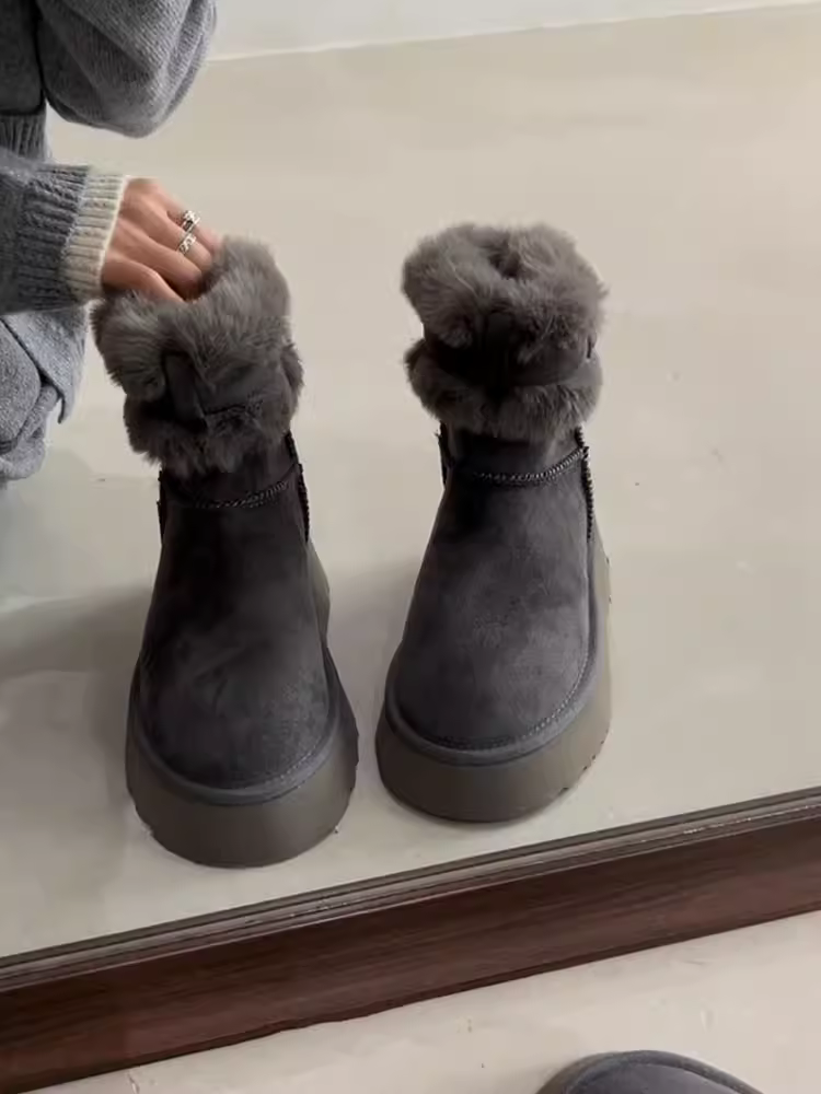 Phiên bản da bò ~ Giày bốt đi tuyết dày chống trơn trượt dành cho phụ nữ nhỏ nhắn, có khóa thắt lưng đa năng, giúp thon gọn, lót lông dày, giữ ấm, kiểu bốt bông Đông Bắc