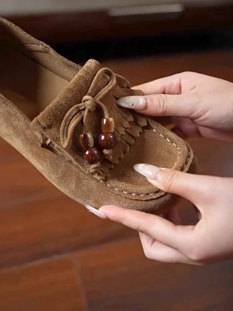 Phiên bản da bò ~ Giày lười đế xuồng kiểu retro có thể mang hai chiều dành cho nữ với nơ, tua rua đính hạt và đế mềm.