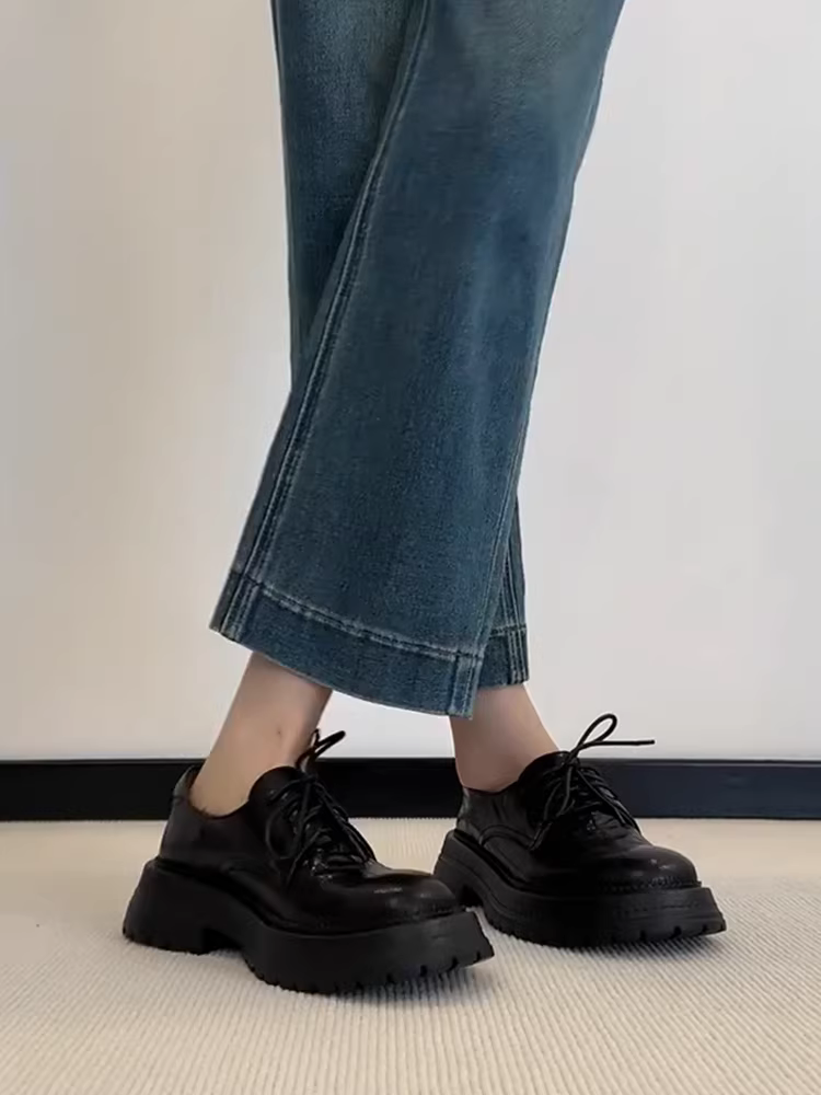 Phiên bản da cừu ~ Giày da nhỏ kiểu cổ điển dành cho nữ, giày đơn đế dày buộc dây cắt sâu, giày lười da thật đa năng mới