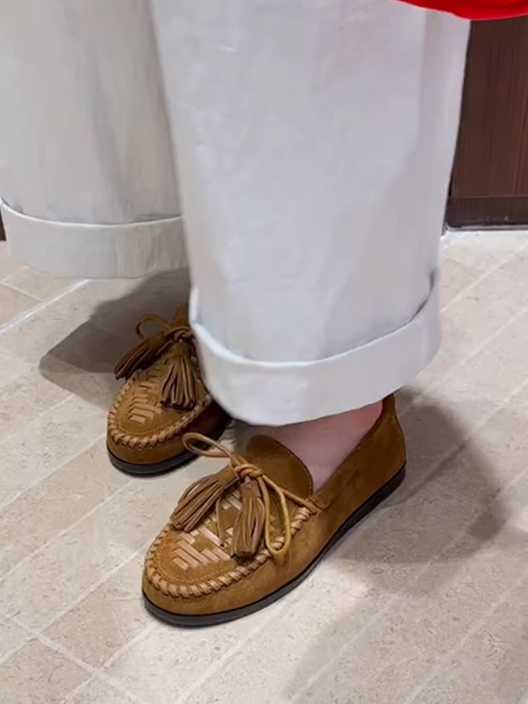 Phiên bản da cừu ~ giày lười có dây buộc nơ tua rua dành cho nữ, giày da lộn kiểu cổ điển, giày da thường ngày