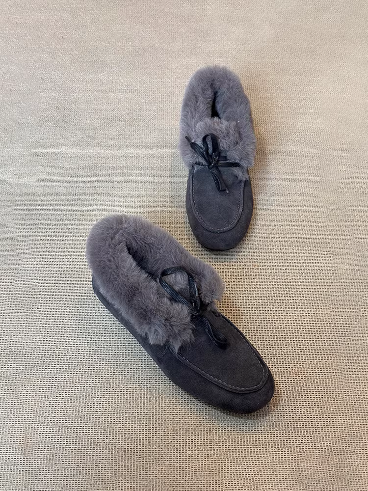 Phiên bản da cừu ~ Giày lười lót lông cừu màu xám cao cấp dành cho nữ, giày cotton thông thường giữ ấm mùa đông