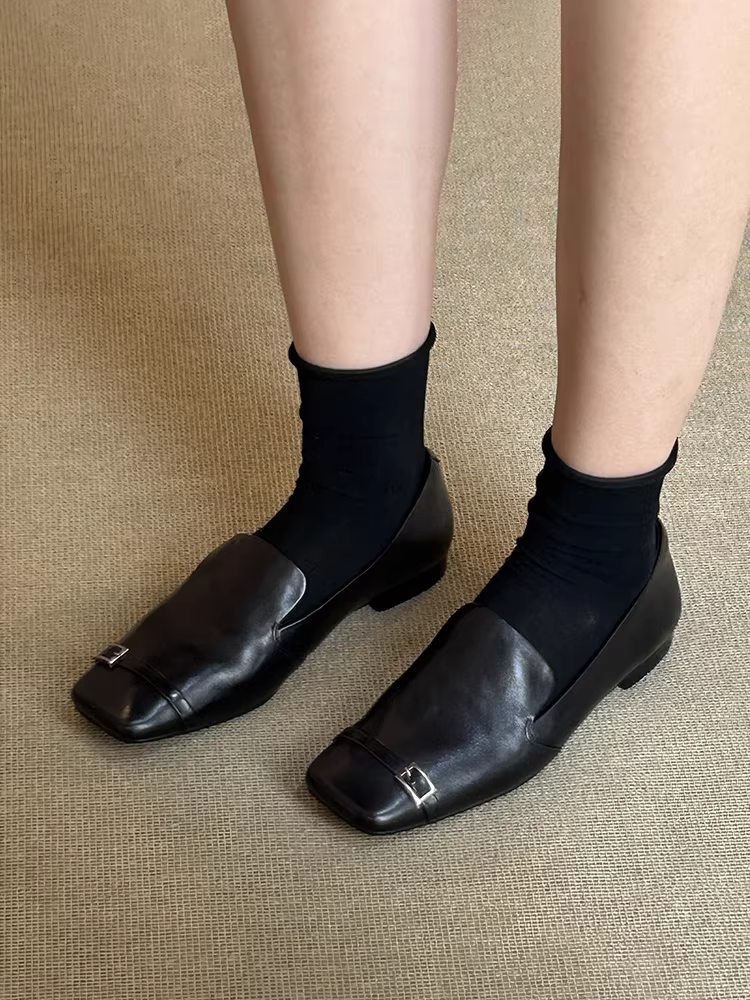 Phiên bản da cừu ~ Giày lười mũi vuông da thật phong cách cổ điển của Anh dành cho nữ, giày da đế bằng thiết kế độc đáo