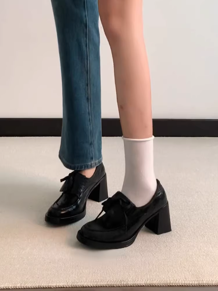 Phiên bản da cừu ~ Giày da buộc dây kiểu dáng nhỏ gọn, kiểu Anh, giày lười da thật cao gót thanh lịch dành cho nữ