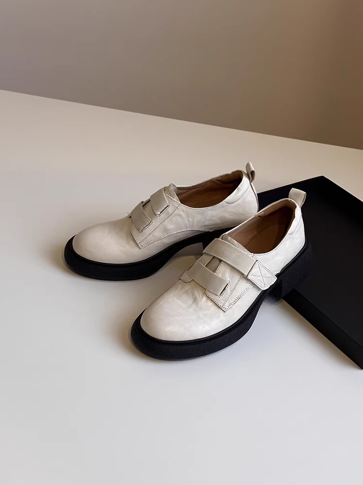 Phiên bản da cừu ~ Giày lười đế dày kiểu Anh dành cho nữ, giày da thật kiểu dáng thoải mái, gót dày, êm ái, giày da nhỏ gọn.