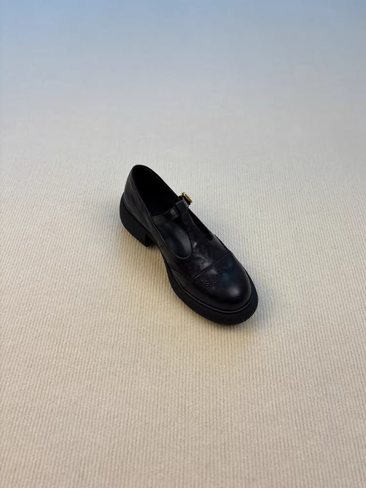 Phiên bản da cừu ~ Giày lười Mary Jane kiểu retro dành cho nữ, giày da nhỏ có quai chữ T rỗng, gót dày, đế dày, giày đơn mũi tròn