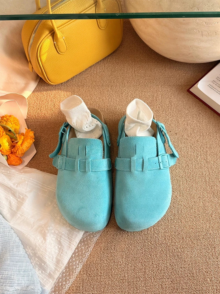 Phiên bản da cừu ~ Giày Birkenstock đế dày tăng chiều cao mùa hè dành cho nữ, kiểu dáng cổ điển có thể mang hai chiều, chất liệu da thật, giày mũi tròn, mũi kín.