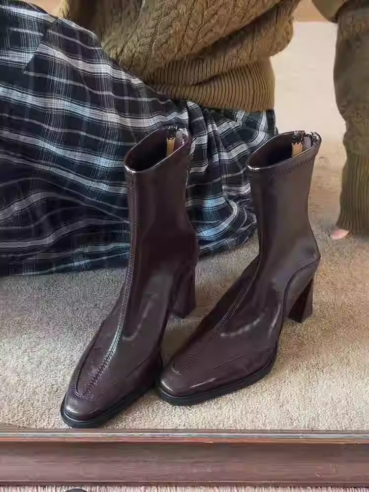 Phiên bản da bò ~ Giày bốt cao gót mũi vuông kiểu Pháp thanh lịch dành cho nữ, giày bốt ngắn co giãn có khóa kéo phía sau kiểu Anh bằng da thật