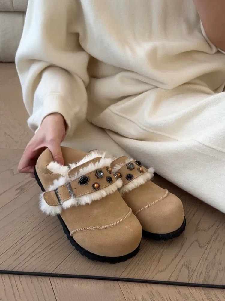 Phiên bản da cừu ~ Giày Birkenstock lót lông phong cách Hàn Quốc, thời trang độc đáo, giữ ấm, chống trơn trượt dành cho nữ, kiểu dáng thoải mái, dễ mang, đế bằng.