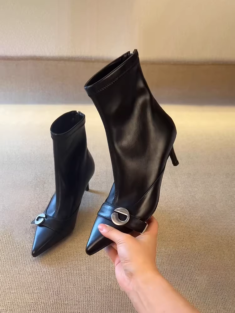 Phiên bản da bò ~ Giày bốt cao gót kiểu Anh cao cấp dành cho nữ có khóa thắt lưng, mũi nhọn, khóa kéo sau lưng thanh lịch, giày bốt da thật co giãn