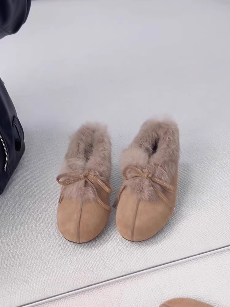 Phiên bản da cừu ~ Giày cotton kiểu dáng giản dị đa năng dành cho nữ, giày đế bằng bằng da lộn mũi tròn thắt nơ bằng len cừu