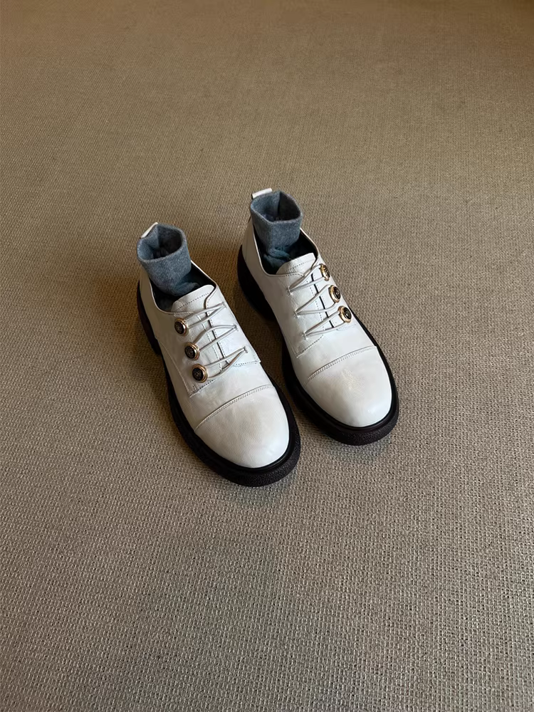 Phiên bản da cừu ~ Giày da đế dày đa năng phong cách Hepburn của Pháp dành cho nữ, giày lười da thật có gót tròn kiểu cổ điển có nút gót dày