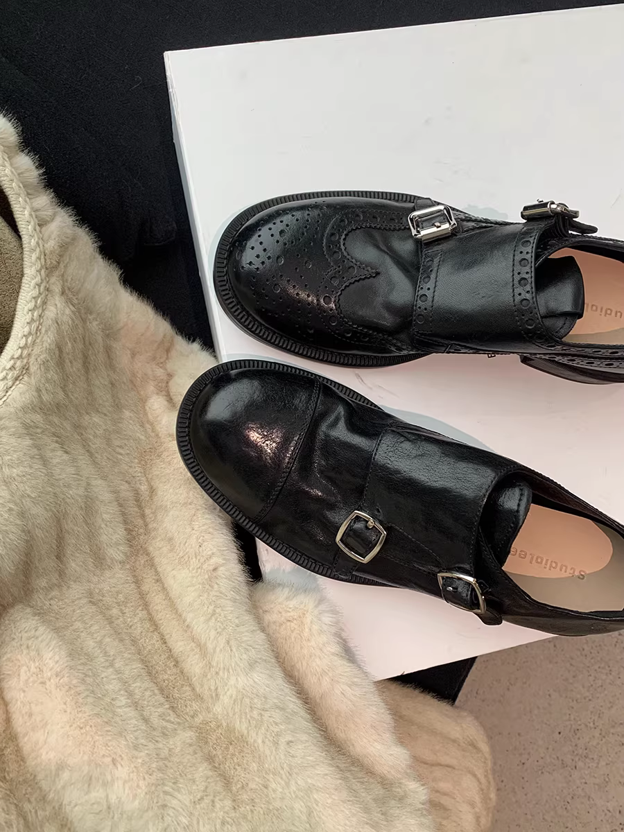 Da đã qua xử lý ~ Giày da nhỏ kiểu Anh cổ điển dành cho nữ, giày lười đế dày bằng da thật, giày đế dày kiểu brogue chạm khắc