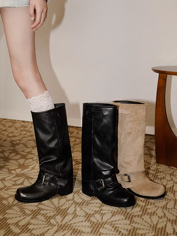 Pear Xiaoqi~ Giày bốt giảm béo phong cách Anh quốc đẹp trai với mũi vuông, có khóa thắt lưng, chu vi bắp chân rộng, giày cao cổ che da dành cho nữ