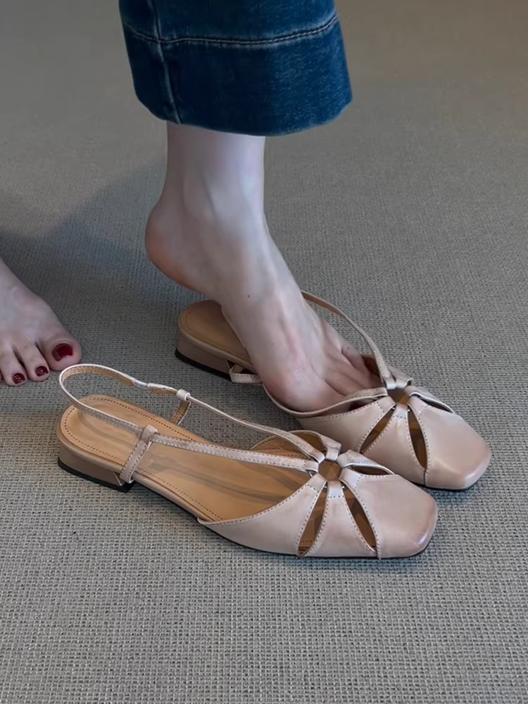 Phiên bản da cừu~ Giày mũi kín bằng da thật kiểu cổ điển nghệ thuật dành cho nữ, trang phục ngoài thời trang, thích hợp phối cùng váy, dép đế thấp.