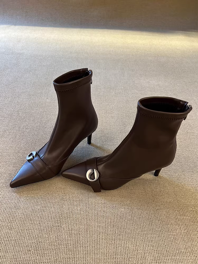 Phiên bản da bò ~ Giày bốt cao gót kiểu Anh cao cấp dành cho nữ có khóa thắt lưng, mũi nhọn, khóa kéo sau lưng thanh lịch, giày bốt da thật co giãn