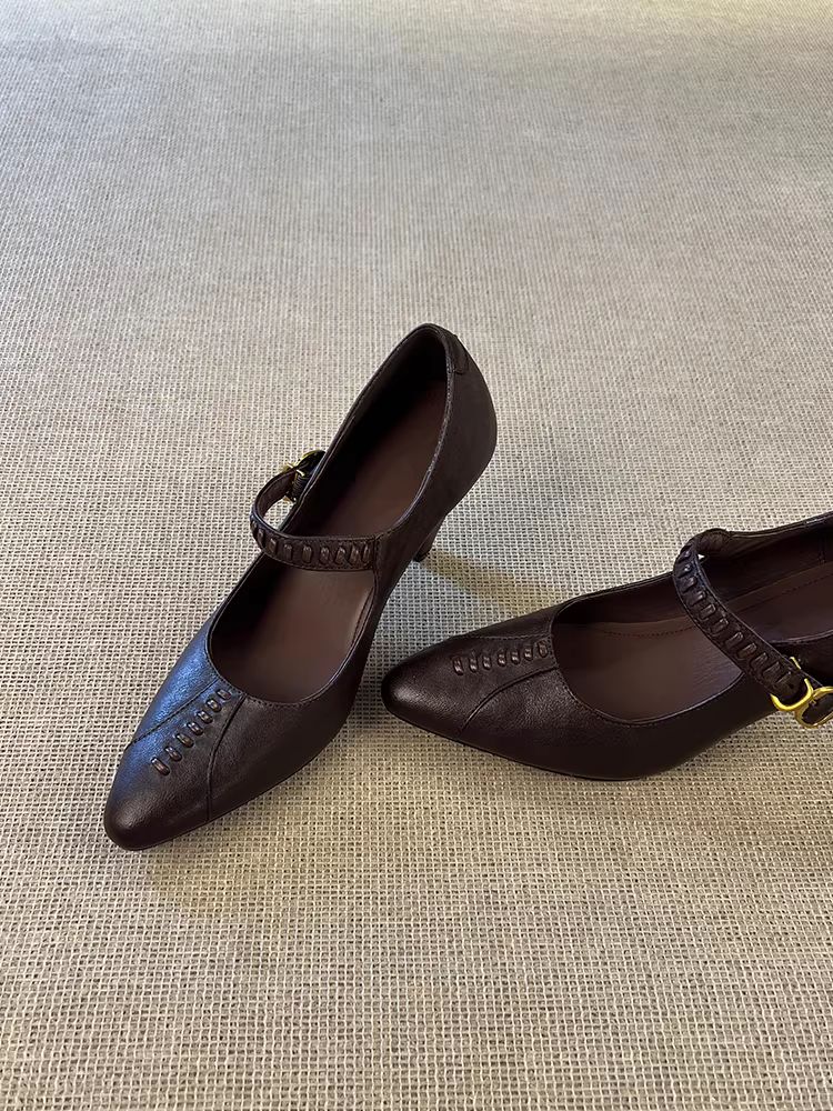 Phiên bản da cừu ~ Giày Mary Jane mũi nhọn cổ điển kiểu Pháp phong cách cổ điển dành cho nữ, giày đế bằng da thật dệt