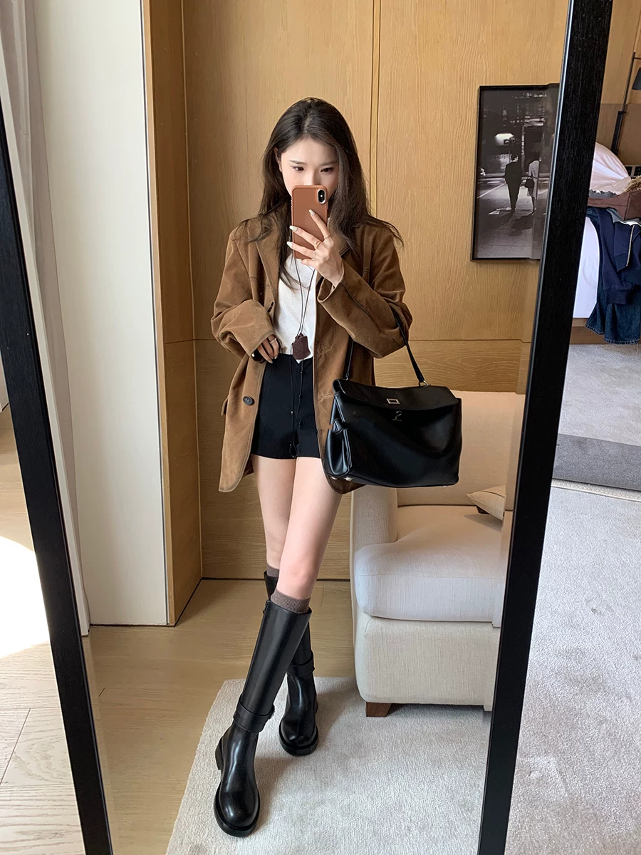 Phiên bản da bò ~ Giày đi xe có thể tháo rời, có thể mang được hai chiều, mũi tròn, gót dày, giày cao đến giữa bắp chân dành cho nữ, giúp thon gọn, giày cao quá đầu gối