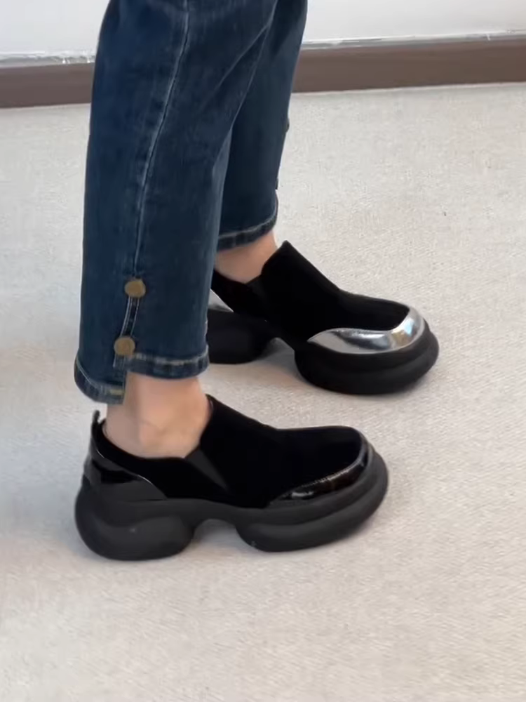 Phiên bản da cừu ~ giày đế dày đế dày kiểu cổ điển dành cho nữ, giày da lộn mũi tròn đơn giản, giày da nhỏ đơn giản